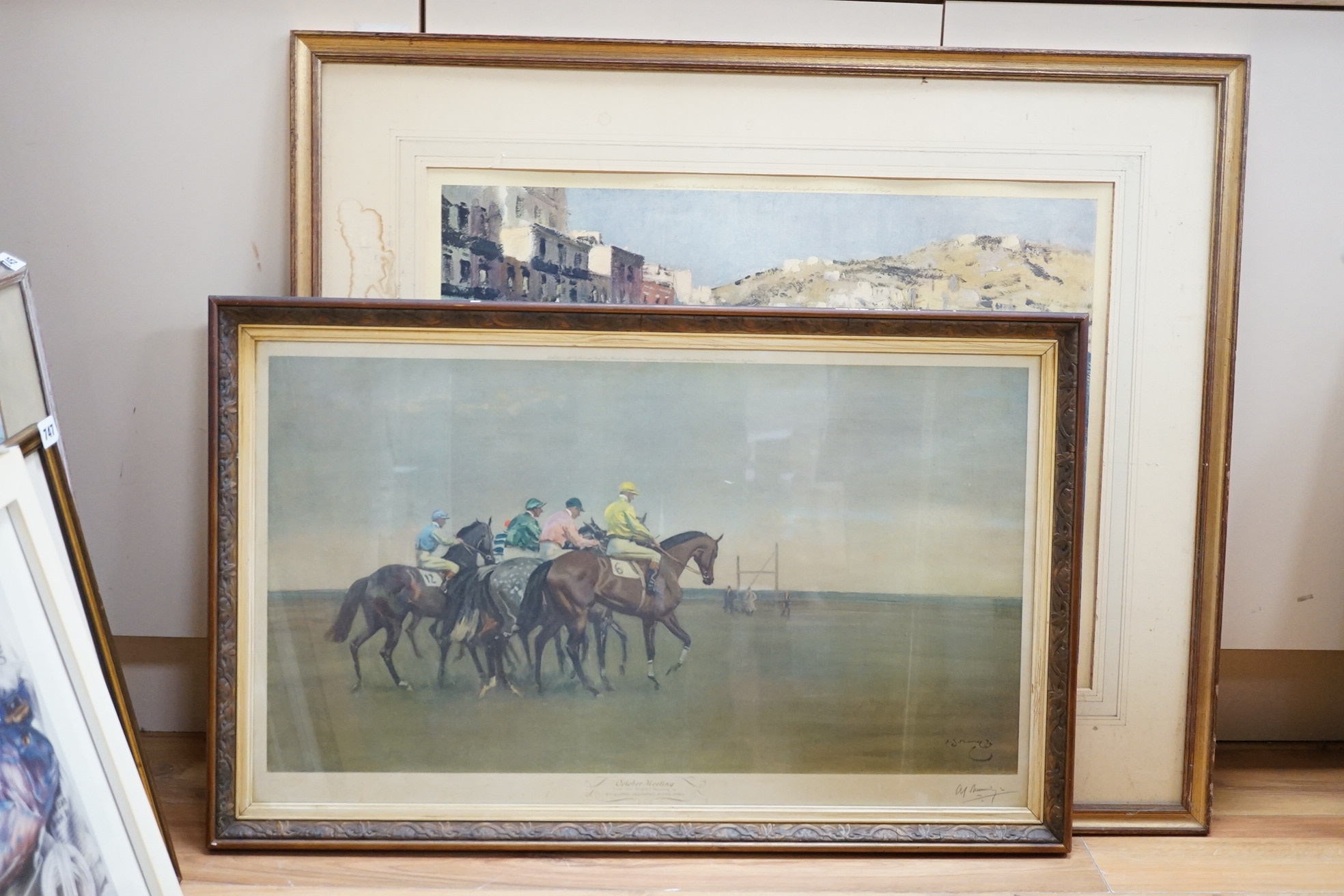 Edward Seago RBA, ARWS, RWS (1910-1974), Continental harbour view, signed in pencil together with Alfred Munnings, colour print 'October Meeting', signed in pencil, largest 49 x 66cm. Condition - poor to fair